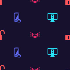 Set Lock on monitor, Smartphone with lock, Computer api interface and Open padlock on seamless pattern. Vector.