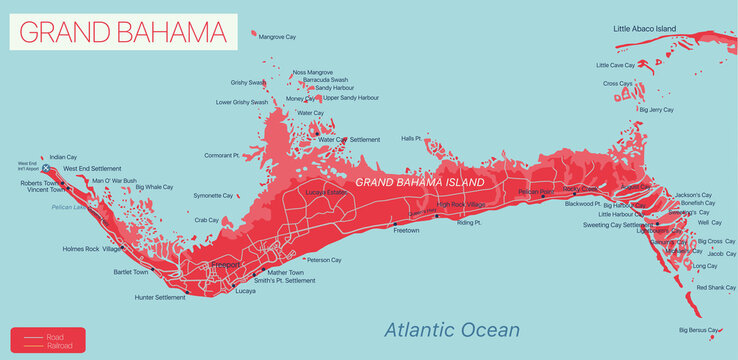 Grand Bahama island detailed editable map, vector EPS-10 file