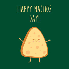 Happy Nachos Day. Cute happy funny yellow colored nacho. Vector cartoon character illustration isolated on green background