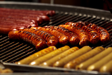 Barbeque sausage. Bbq grill pork bratwurst. Barbecue kielbasa, hot picnic dinner. Beef hotdog, party food, italian or grrman roasted snak. Outdoor fest, family cook for breakfast