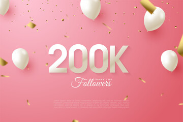200k followers with illustration of numbers and flying white balloons.