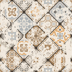 Seamless vintage pattern with an effect of attrition. Patchwork carpet. Hand drawn seamless abstract pattern from tiles. Azulejos tiles patchwork. Portuguese and Spain decor.
- 414346059