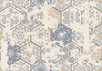 Naklejki  Seamless vintage pattern with an effect of attrition. Patchwork carpet. Hand drawn seamless abstract pattern from tiles. Azulejos tiles patchwork. Portuguese and Spain decor.  
