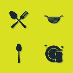 Set Crossed fork and spoon, Washing dishes, Spoon and Kitchen colander icon. Vector.