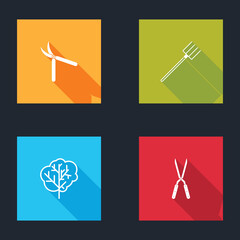 Set Gardening handmade scissor, pitchfork, Tree and icon. Vector.