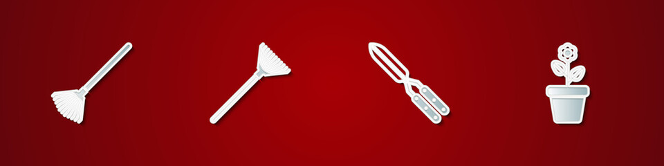 Set Garden rake for leaves, , Gardening handmade scissor and Flower pot icon. Vector.