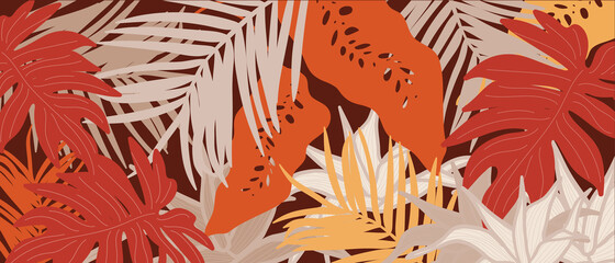 Fototapeta premium Botanical abstract art backgrounds vector. Summer banner. Foliage line art drawing with abstract shape. Works for wall framed prints, social media post, poster, home decor, cover, wallpaper. 