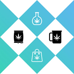 Set Marijuana or cannabis seeds, Shopping bag of marijuana, Test tube with and Cup tea icon. Vector.