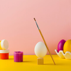The concept of painting Easter eggs. Bright Easter eggs, paint cans and a paint brush. Happy Easter.