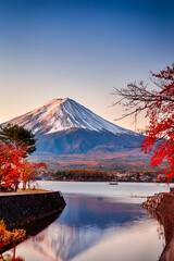 Japan Destinations. Red Maple Trees in Front of Picturesque Fuji Mountain At Kawaguchiko Lake in...