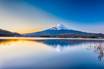 Japan Destinations. Tranquil Kawaguchiko Lake in Front of Picturesque Fuji Mountain in Japan