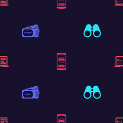 Set Binoculars, Ticket, Online car sharing and hotel booking on seamless pattern. Vector.