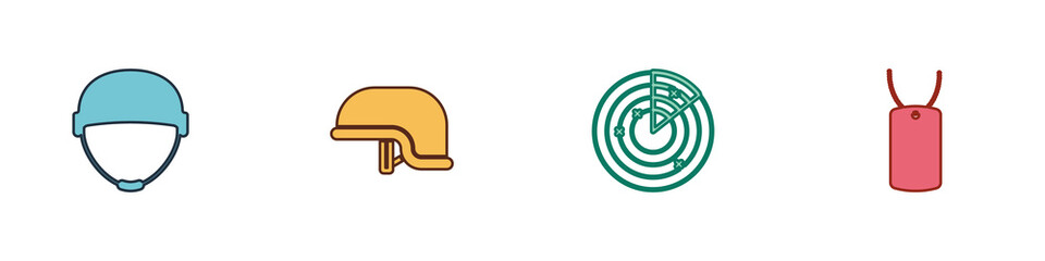 Set Military helmet, , Radar with targets and dog tag icon. Vector.