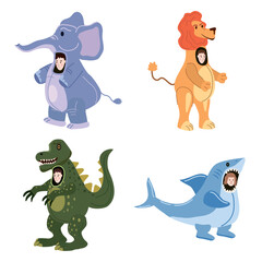 Set Actors in animal Elephant, Lion, Dinosaur, Shark costume. Theme party, Birthday kid, children animator, entertainer wearing performer character for holiday masquerade, carnival. Vector