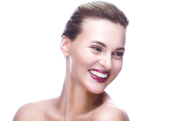 Happy Smiling Young Caucasian Woman with Clean Bright Skin for Treatment,  Cosmetology and Beauty.