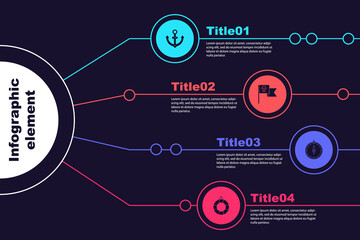 Set Anchor, Pirate flag with skull, Compass and Lifebuoy. Business infographic template. Vector.