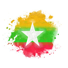 National flag of Myanmar, watercolor. Splashes and stains isolated on white background. Square framing.