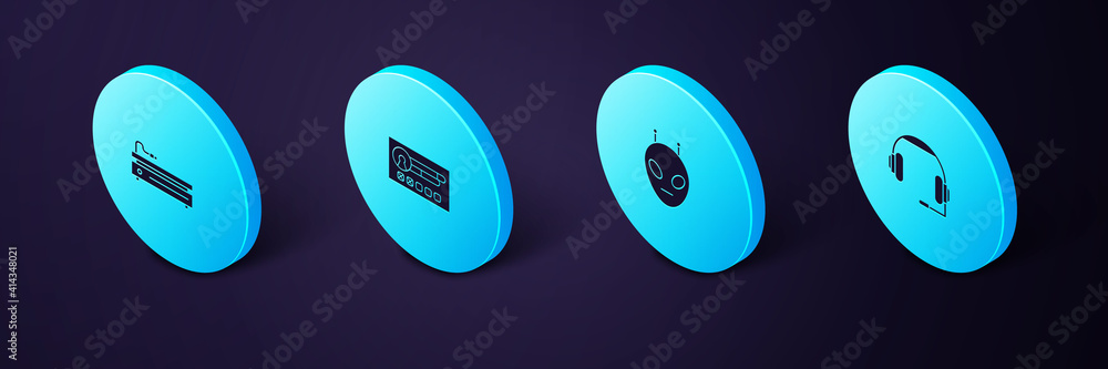 Poster set isometric headphones, alien, create account screen and video game console icon. vector.