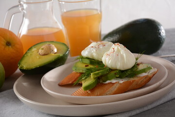 Poached eggs and sandwiches with avocado. Sliced avocado and egg on toasted bread for healthy breakfast or snack