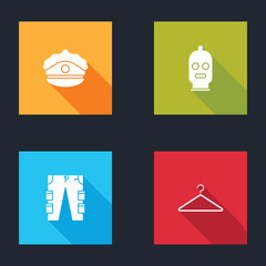 Set Police cap with cockade, Balaclava, Cargo pants and Hanger wardrobe icon. Vector.