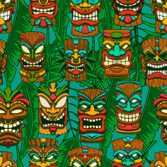 Seamless pattern with tiki idols and palm leaves. Design element for poster, card, banner, sign. Vector illustration