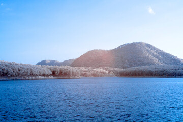 Infrared landscape photo: pier in Tuyen Lam lake 