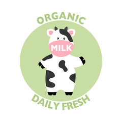 Organic milk daily fresh concept vector illustration on white background. Milk product logo from organic farm. Cute cow in flat design.