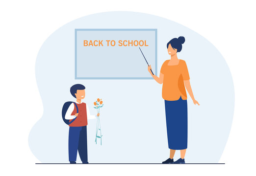 School Student Giving Flowers To Teacher. Pupil And Tutor Meeting At Blackboard In Class. Flat Vector Illustration. Back To School, Education Concept For Banner, Website Design Or Landing Web Page