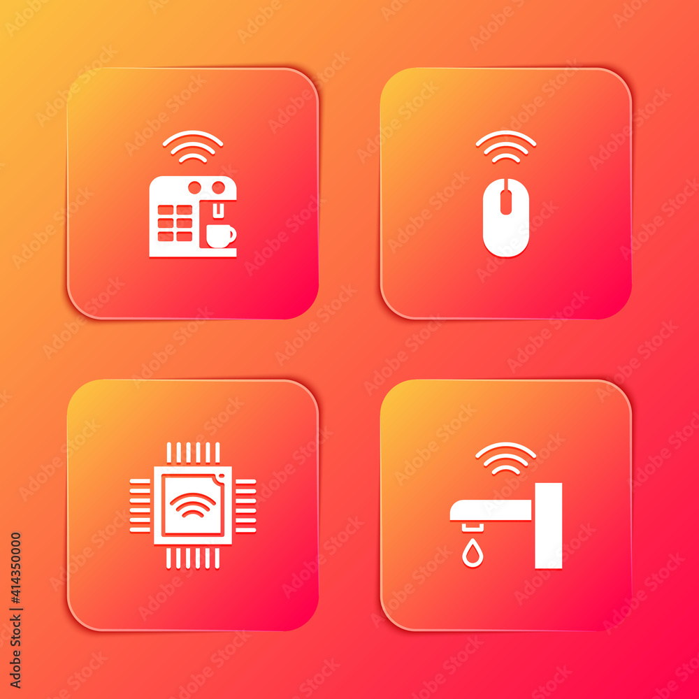 Poster set smart coffee machine, wireless mouse, processor with microcircuits cpu and water tap icon. vecto