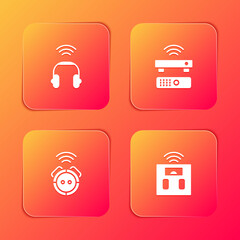 Set Smart headphones, Wireless TV box receiver, Robot vacuum cleaner and bathroom scales icon. Vector.