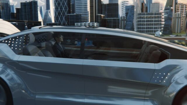 Futuristic Concept: Stylish Japanese Businessman Checking Arrival Location on an Interactive Augmented Reality 3D Navigation App while Sitting in on the Back Seat of an Autonomous Self-Driving Car. 