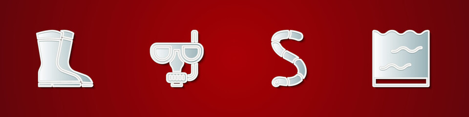 Set Fishing boots, Diving mask and snorkel, Worm and Aquarium icon. Vector.