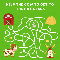 Maze with cartoon cow and hay stack. Logical game for kids.