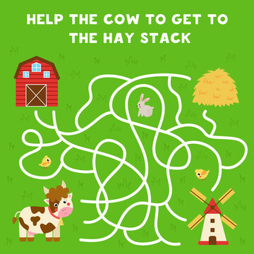 Maze with cartoon cow and hay stack. Logical game for kids.