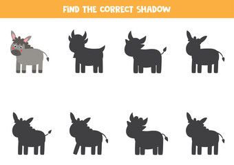 Find the correct shadow of cute donkey. Logical puzzle for kids.