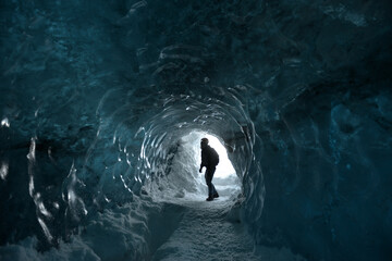 person in Ice Cave in Iceland