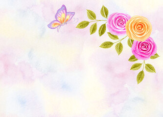 Fototapeta premium Hand drawn spring watercolor painting with pink and yellow roses flowers and butterfly for for greeting card or invitation. Floral corner ornament on watercolor background.