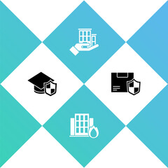 Set Graduation cap with shield, Fire in burning house, House insurance and Delivery security icon. Vector.
