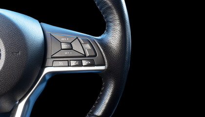 Part of modern steering wheel isolated on black background. Steering wheel with media, phone and...
