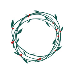 Green digital hand drawn floral line art wreath with red berries. Round outline green frame isolated on white background. 