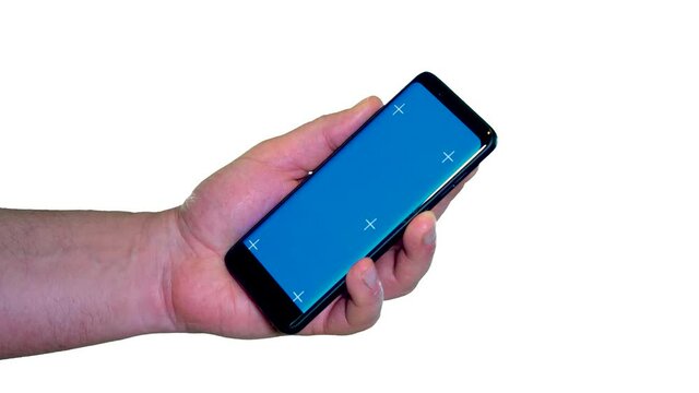 Blue screen template for cellphone or smartphone, finger is pointing and tag swipes.