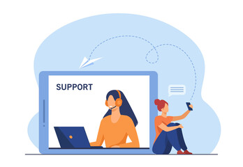 Smartphone app user chatting with support center operator. Woman in headphones giving answer to customer. Flat vector illustration. Online help concept for banner, website design or landing web page