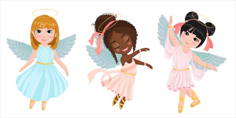 Set of Dancing Angels. Wings and halo. Children are dressed like angels. Simple drawing in pastel colors. Vector illustration in cartoon style isolated on white background.