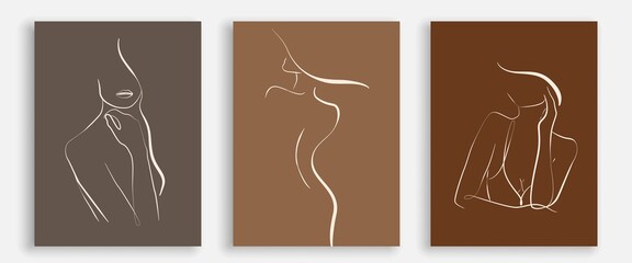 One Line Woman Body Prints Set. Creative Contemporary Abstract Line Drawing. Beauty Fashion Female Body. Vector Minimalist Design for Wall Art, Print, Card, Poster.