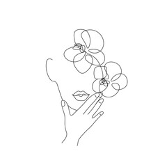 Woman Head with Flowers Line Vector Drawing. Style Template with Female Face with Flowers. Modern Minimalist Simple Linear Style. Beauty Fashion Design