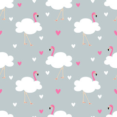 Seamless pattern with exotic pink flamingos on a blue sky background. Birds in a cloud suit for printing on fabric, textiles, paper, bedding. 