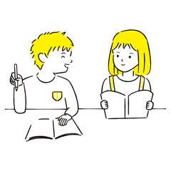 手描き1color 男の子と女の子　お勉強中の雑談2