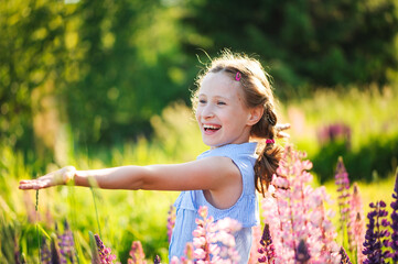 happy kid girl in blue shirt walking on sunny summer meadow with blooming lupin flowers