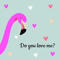 Exotic cute pink flamingo asks: "Do you love me?" Bird in hearts on blue for printing on fabric, decorative pillows, mobile covers. Vector graphics.