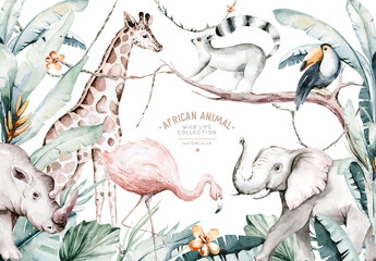 Watercolor illustration of African Animals: lemur, flamingo and giraffe, toucan and rhipo, rhino and elephant isolated white background. Safari savannah animals © kris_art